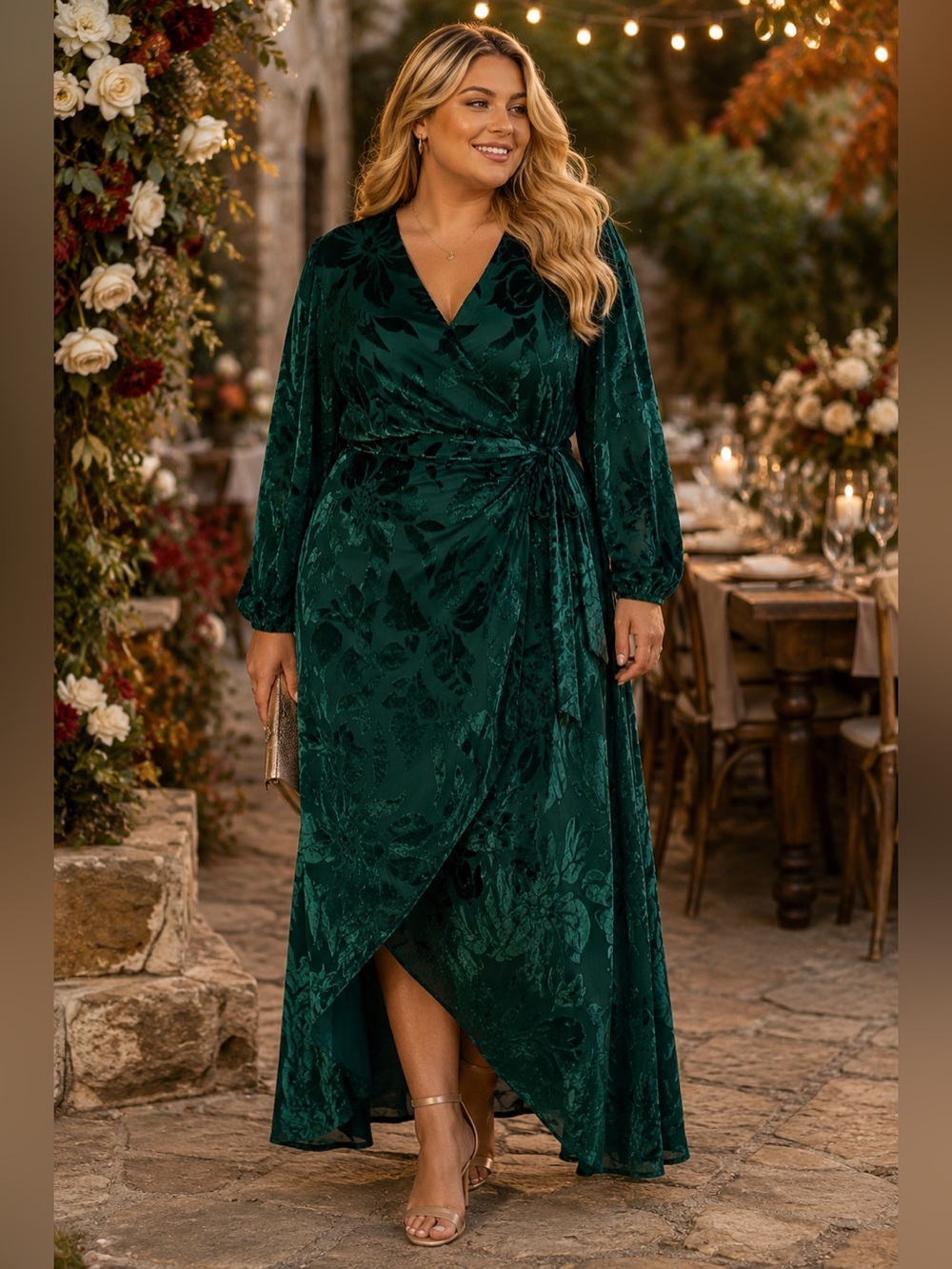 Harlow & Rose 2X Emerald Green Velvet Burnout Maxi Wrap Dress Whimsigoth Party
